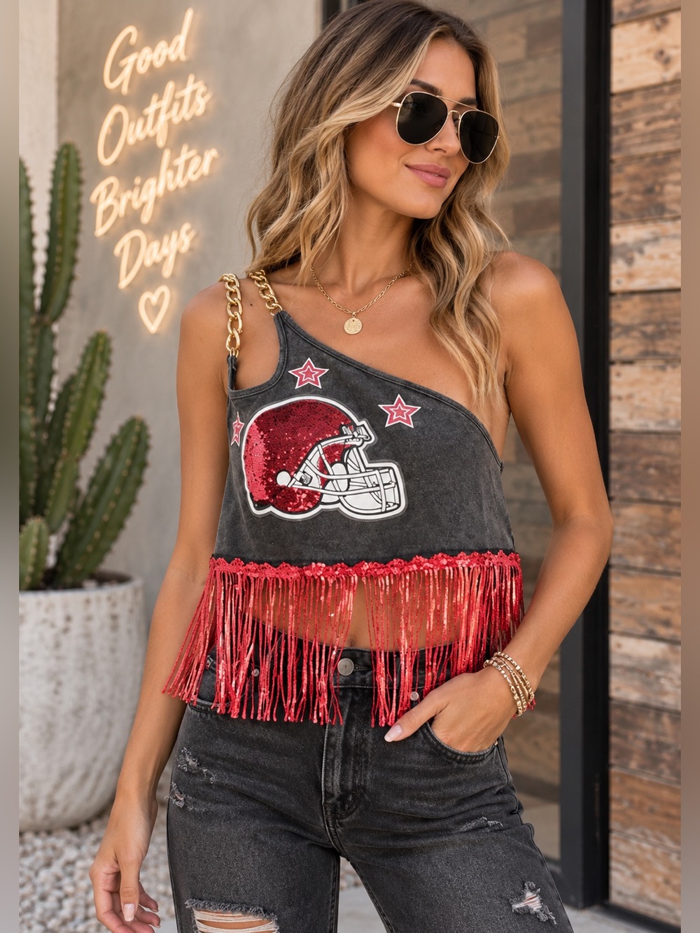 Game Day Red Sparkle Fringe Top